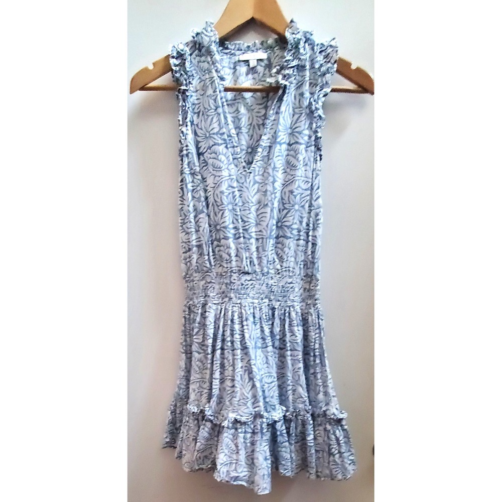 Anna Cate Morgan Dress XS Flowy Split Neck Blue White Ruffles Gather Waist Mini